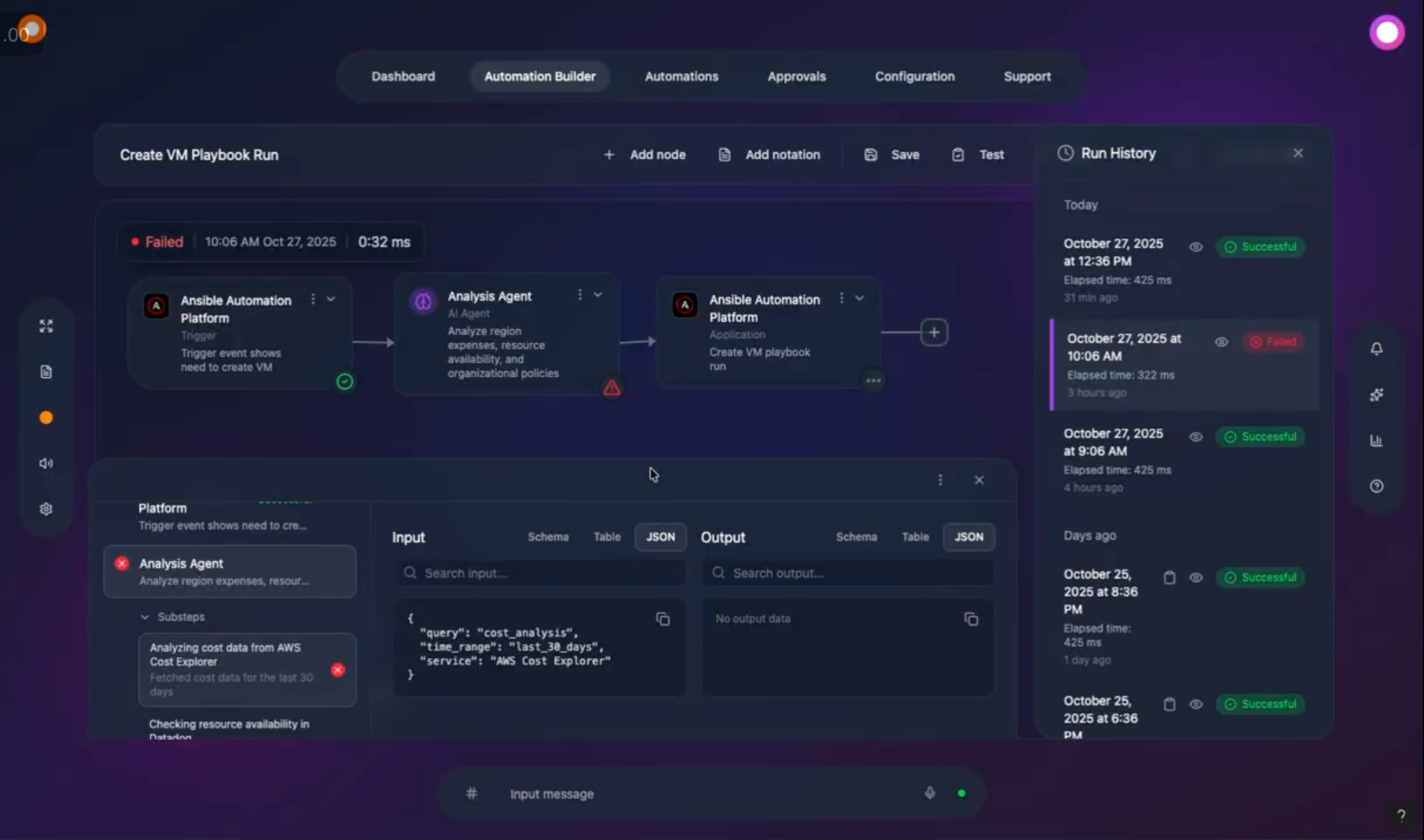 Ansible Automation Builder prototype built with Figma AI, showing AI Analysis Agent workflow nodes