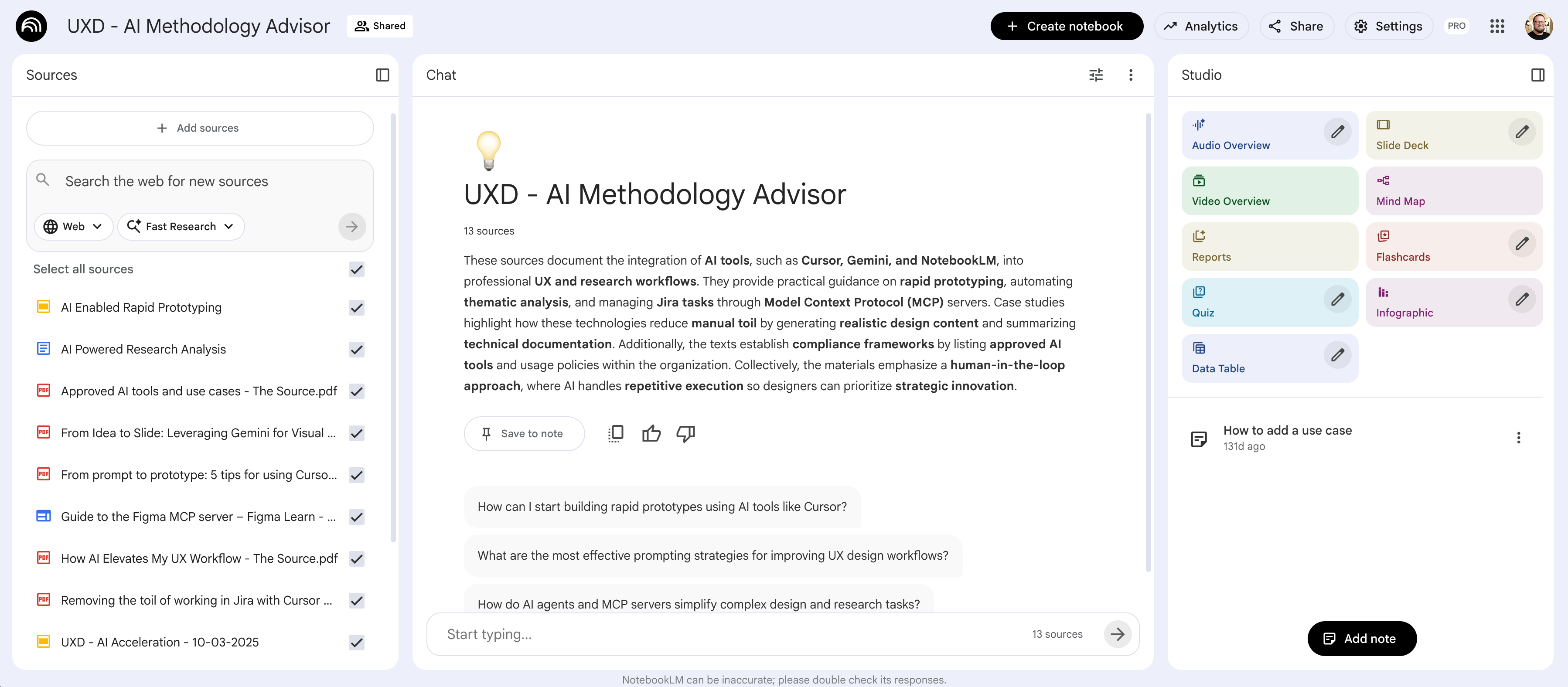 UXD AI Methodology Advisor in NotebookLM, 13 sources from team experiments