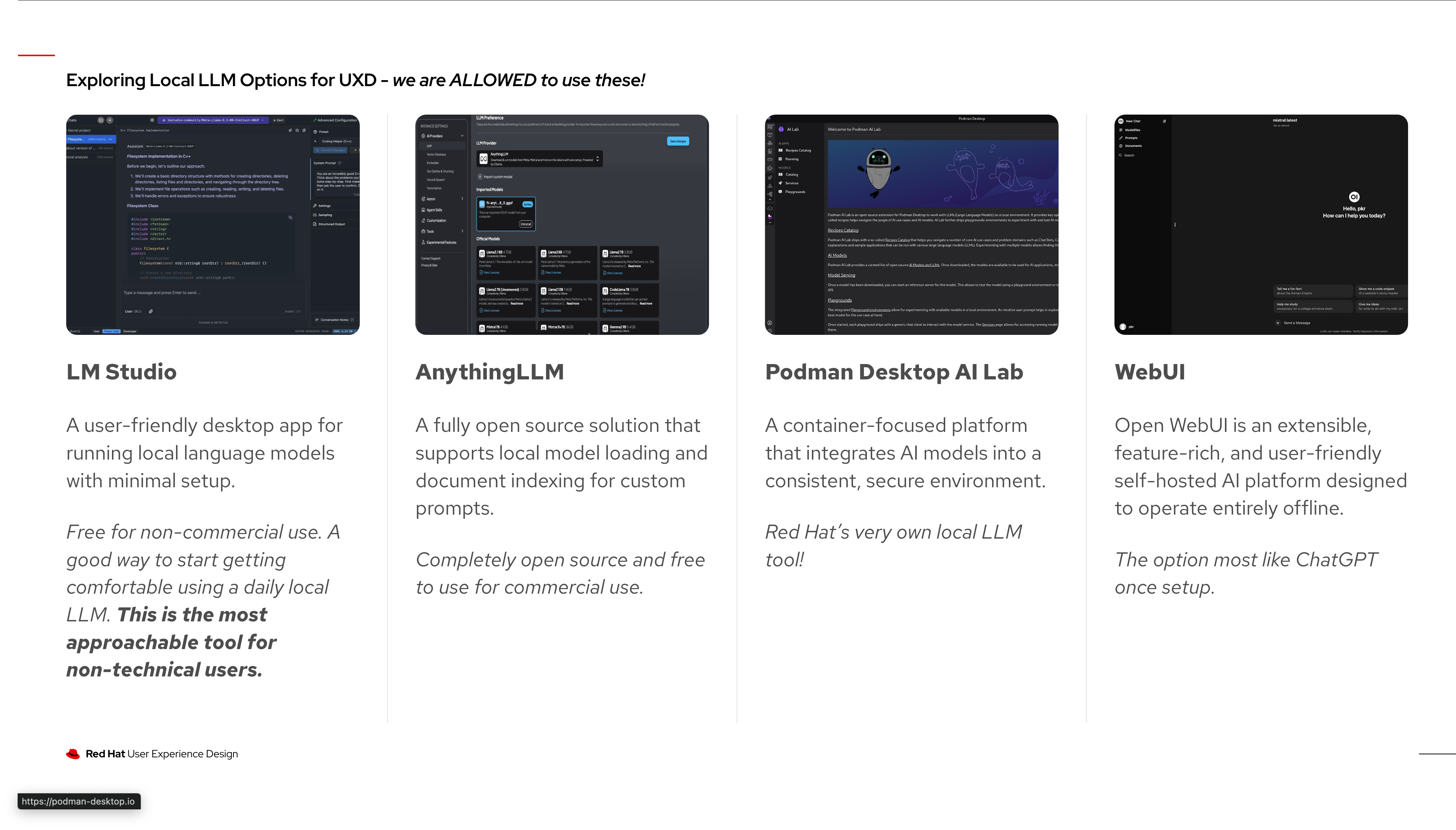 Presentation slide exploring local LLM options with the team