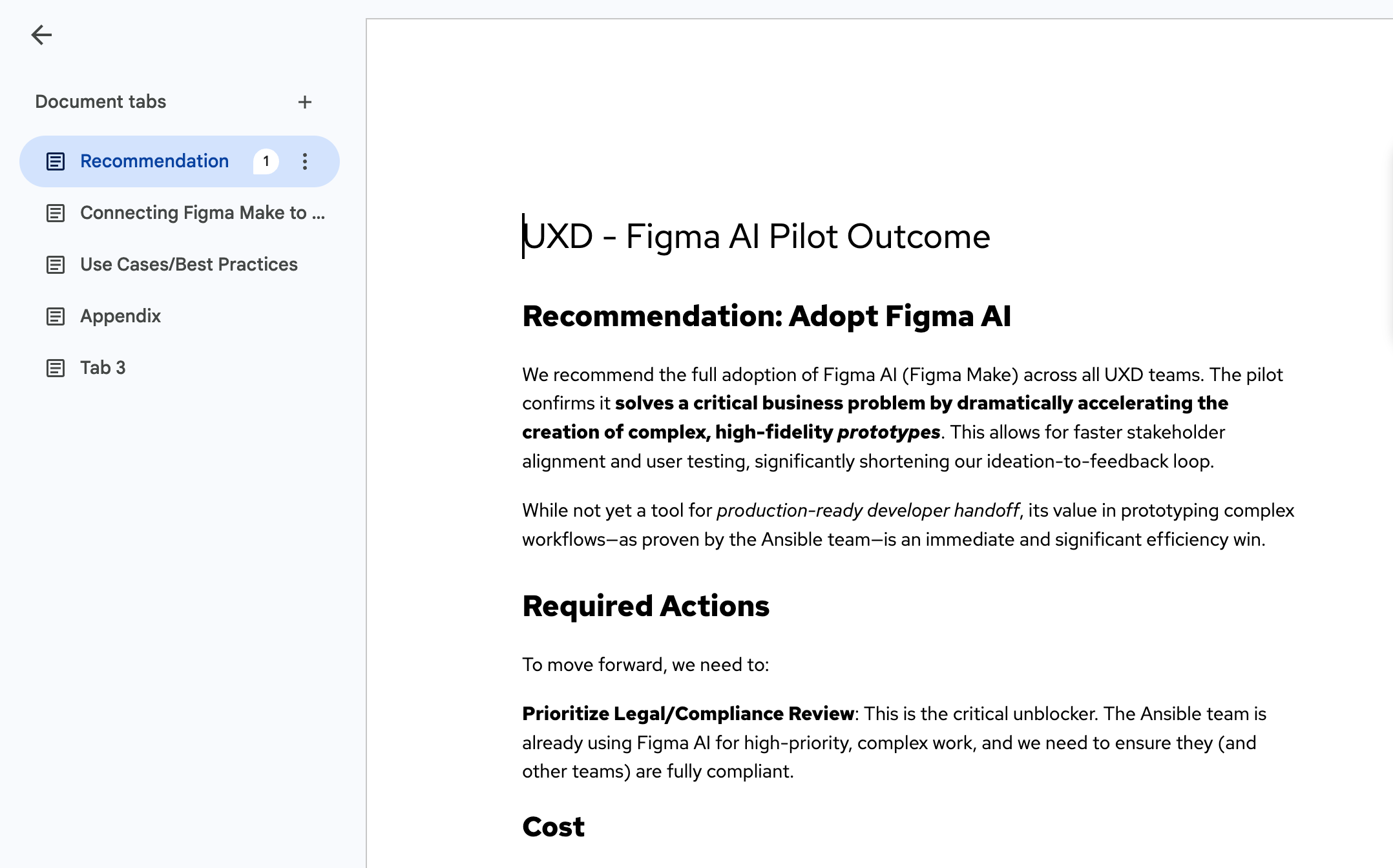 VP recommendation document to adopt Figma AI, with Ansible proof point and required actions