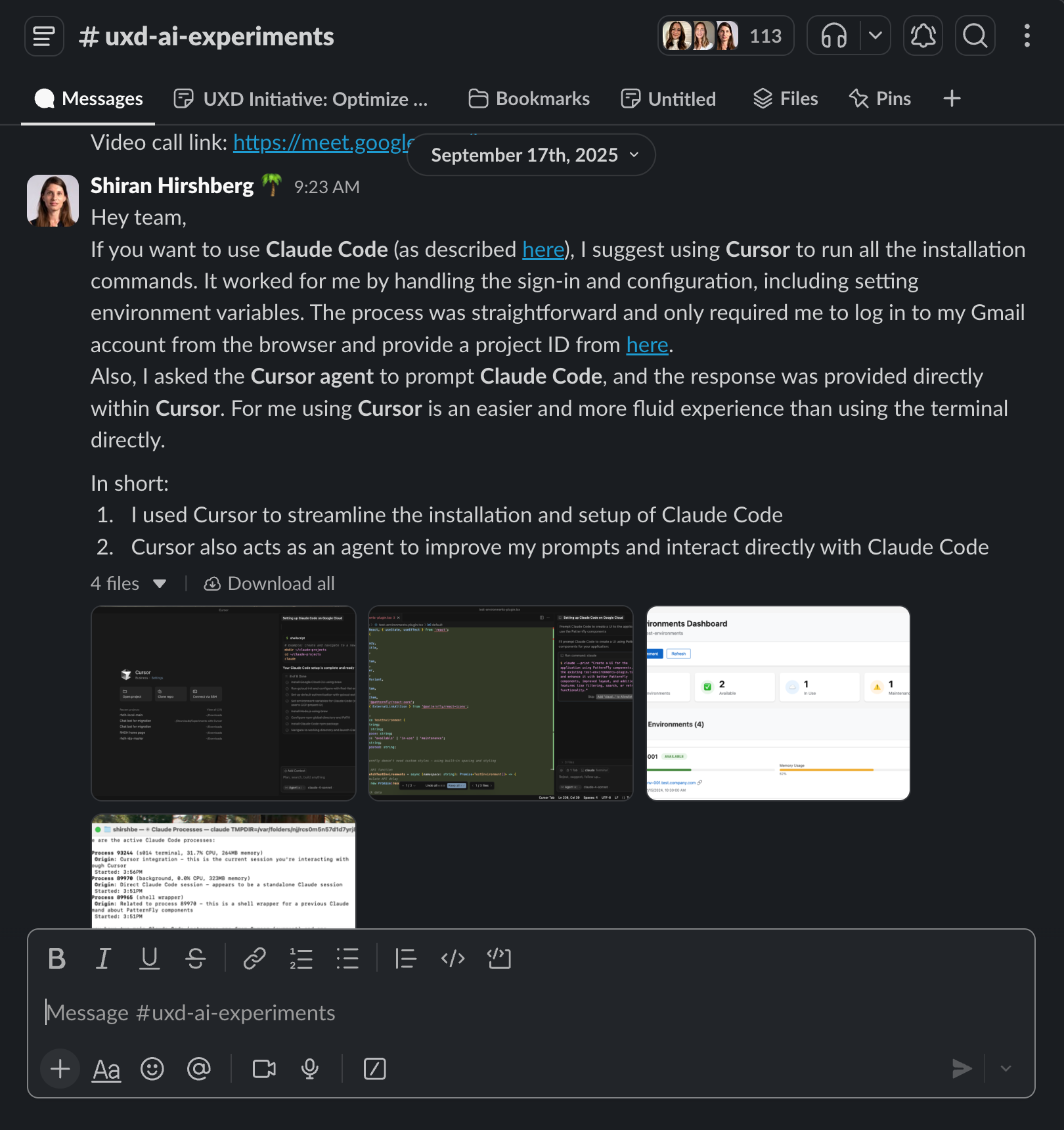 #uxd-ai-experiments Slack channel with 113 members and active discussion