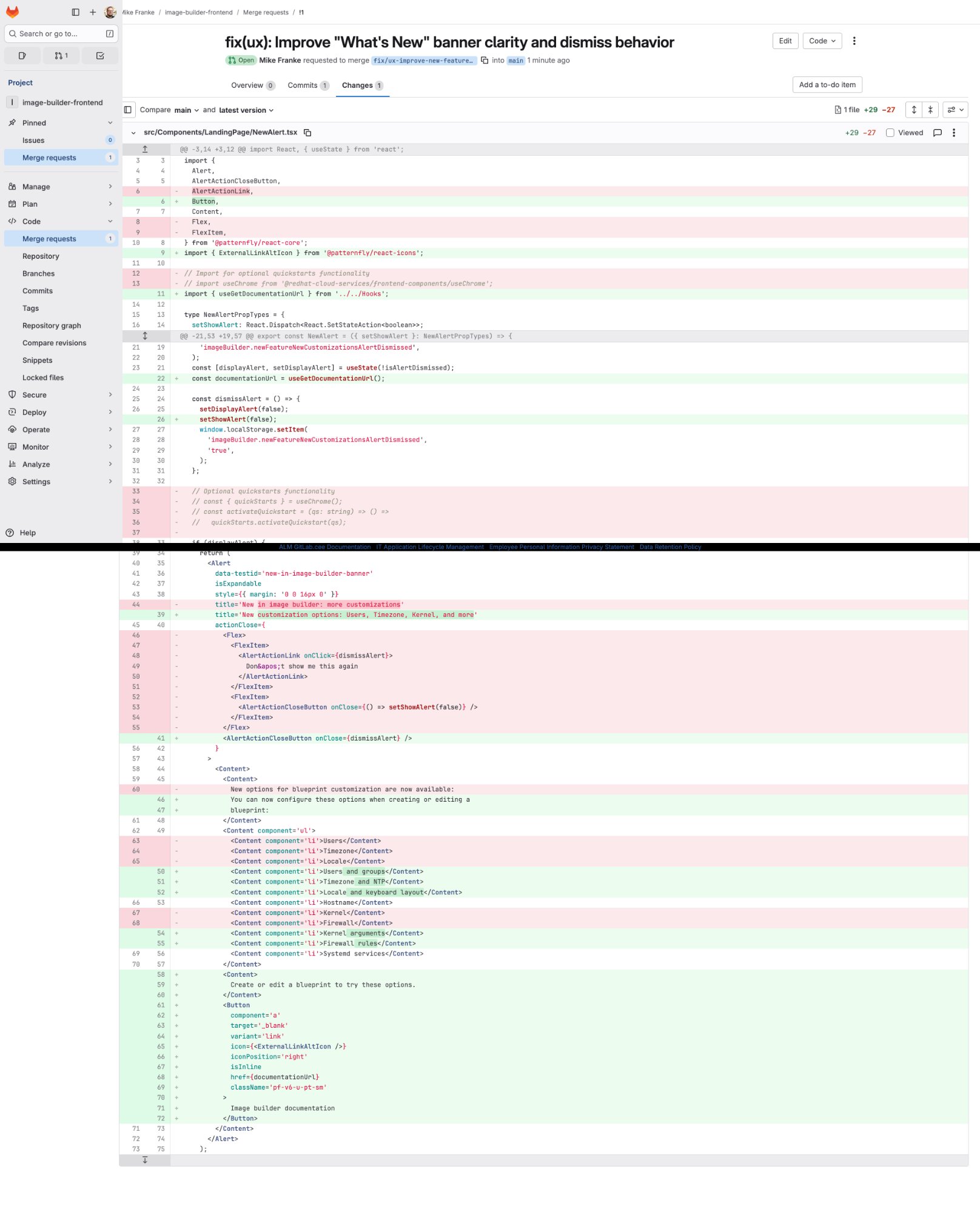 Code diff showing 29 lines added and 27 removed in NewAlert.tsx