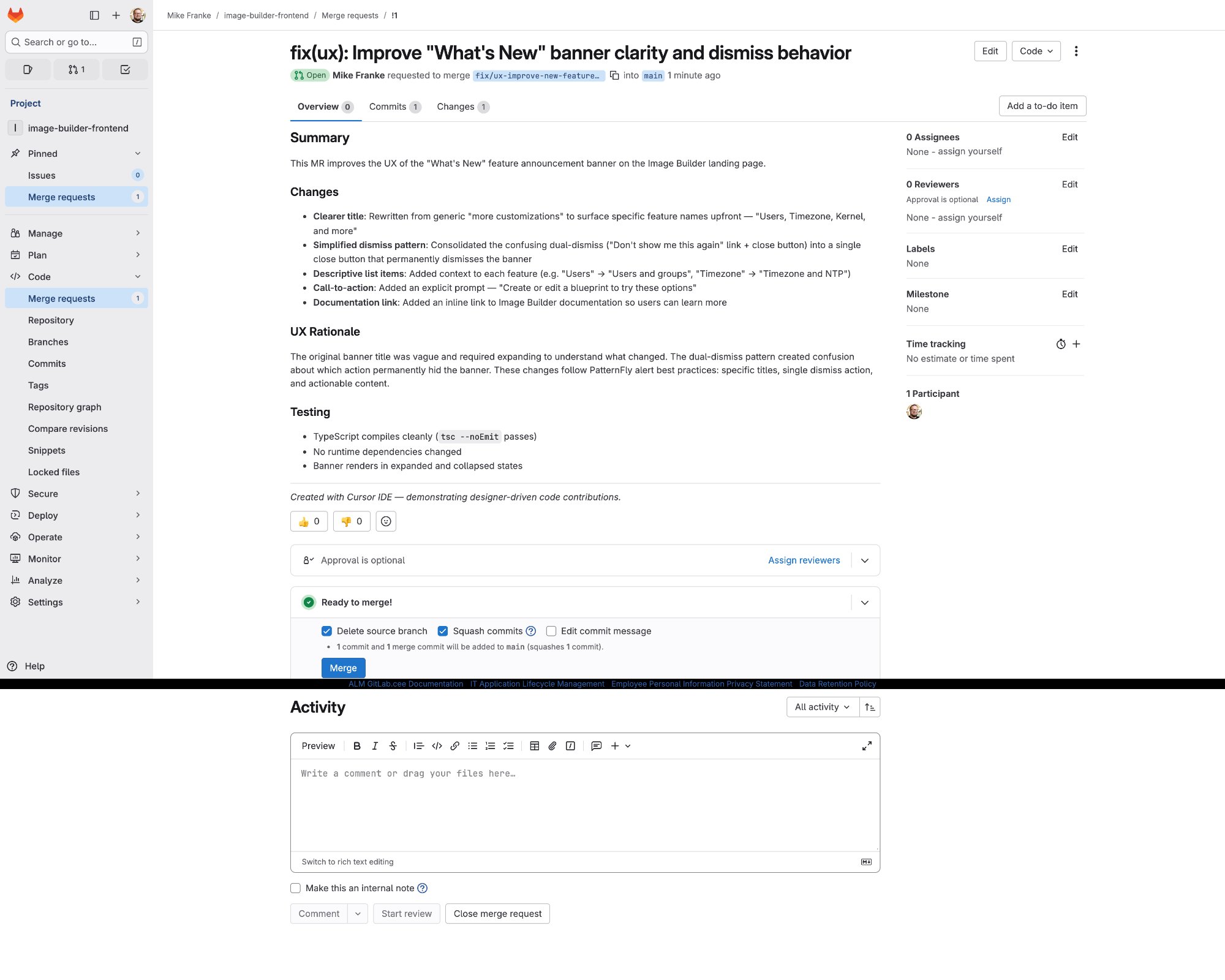 Merge request on Red Hat's internal GitLab showing summary, changes, UX rationale, and testing sections