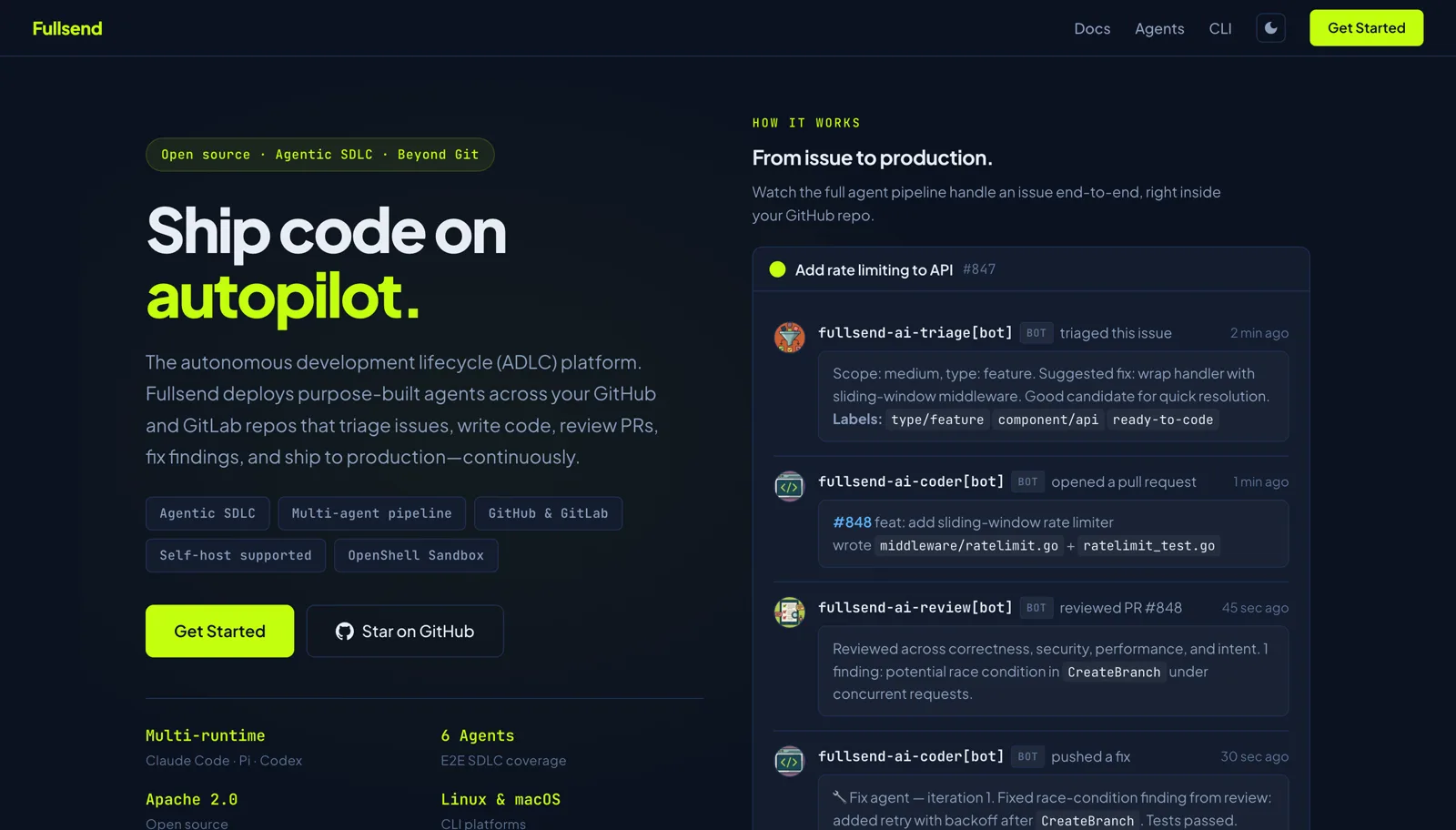 The Fullsend home page: Ship code on autopilot, with a feed of AI assistants working on code