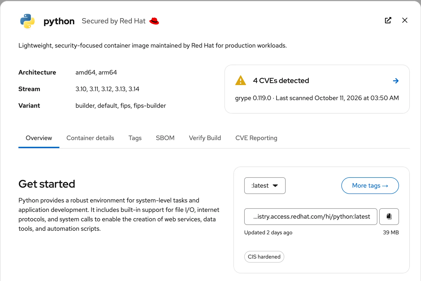 The python image page: Secured by Red Hat, a live scan result with scanner and time, and tabs for SBOM, Verify Build, and CVE Reporting