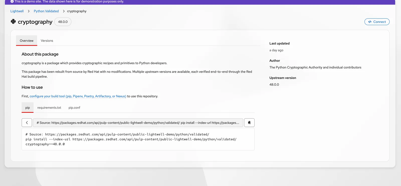A Lightwell package page showing install instructions